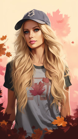 a beautiful blonde woman in a baseball cap and t - shirtの素材