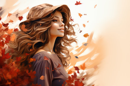 a beautiful woman in a hat is surrounded by autumn leavesの素材