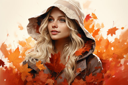a beautiful blonde woman in a hooded jacket surrounded by autumn leavesの素材
