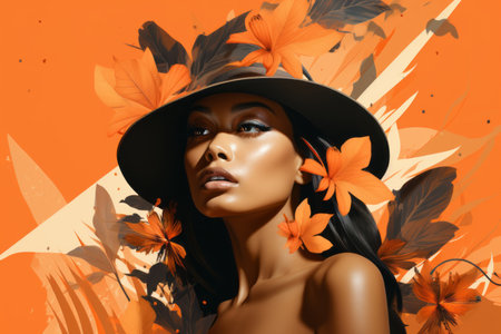 a beautiful woman in a hat with flowers on an orange backgroundの素材