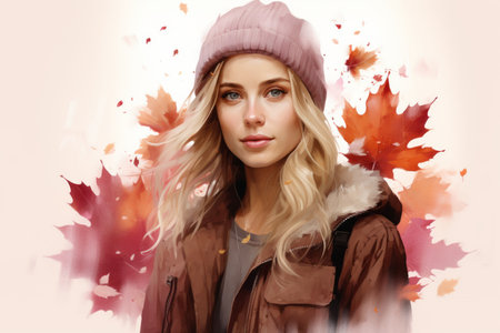 a painting of a beautiful blonde woman wearing a beanie and jacketの素材