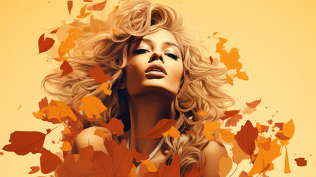 a beautiful blonde woman is surrounded by autumn leavesの素材