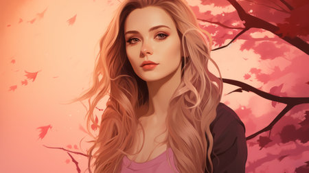 a beautiful woman with long hair and pink shirt standing in front of a treeの素材