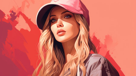 a beautiful blonde woman in a pink capの素材