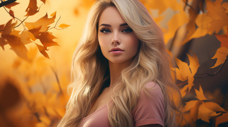 a beautiful blonde woman in front of autumn leavesの素材