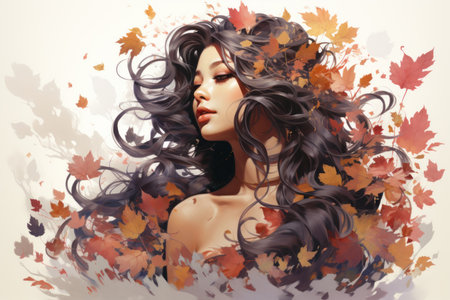 a beautiful woman is surrounded by autumn leavesの素材