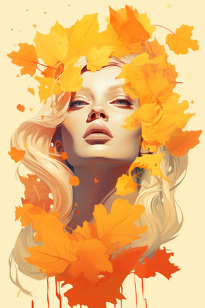 a beautiful blonde woman is surrounded by autumn leavesの素材