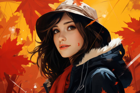 a girl in a hat and jacket is surrounded by autumn leavesの素材
