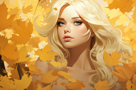 a beautiful blonde woman surrounded by autumn leavesの素材