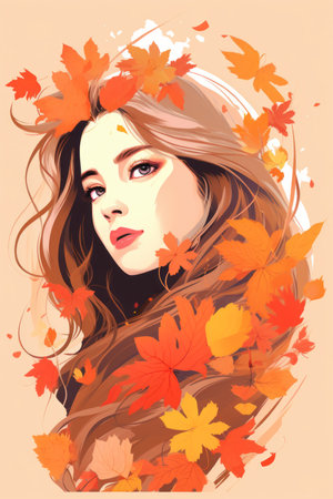 a girl with long hair is surrounded by autumn leavesの素材