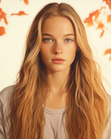 a beautiful young woman with long hair in front of autumn leavesの素材