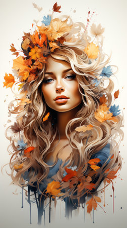 a beautiful woman with autumn leaves in her hairの素材