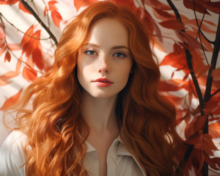 a beautiful red haired woman with long red hairの素材