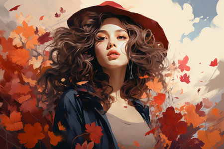 a painting of a woman in a red hat and autumn leavesの素材
