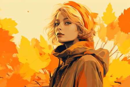 a painting of a woman standing in front of autumn leavesの素材