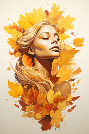 a beautiful woman with autumn leaves in her hairの素材