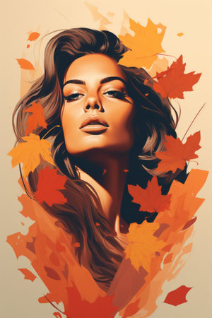 a beautiful woman with autumn leaves in her hairの素材