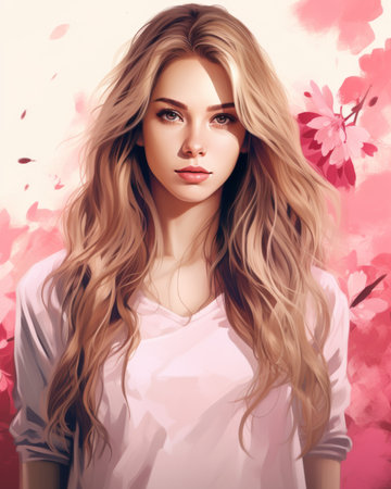 a beautiful woman with long hair in front of pink flowersの素材