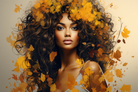 a beautiful woman with curly hair and autumn leavesの素材