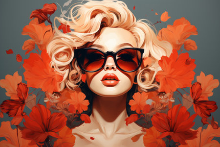a beautiful blonde woman with sunglasses and flowers in her hairの素材