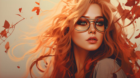 a beautiful woman with glasses and red hairの素材
