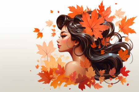 a beautiful woman with autumn leaves in her hairの素材
