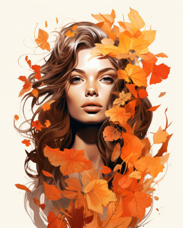 a beautiful woman with autumn leaves in her hairの素材