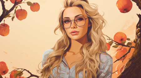 a beautiful blonde woman with glasses is standing in front of an apple treeの素材