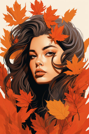 a beautiful woman is surrounded by autumn leavesの素材