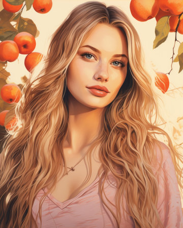 a painting of a beautiful blonde woman with long hair in front of an orange treeの素材