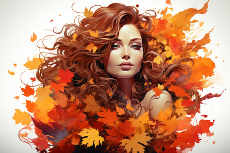 a beautiful woman with long red hair is surrounded by autumn leavesの素材