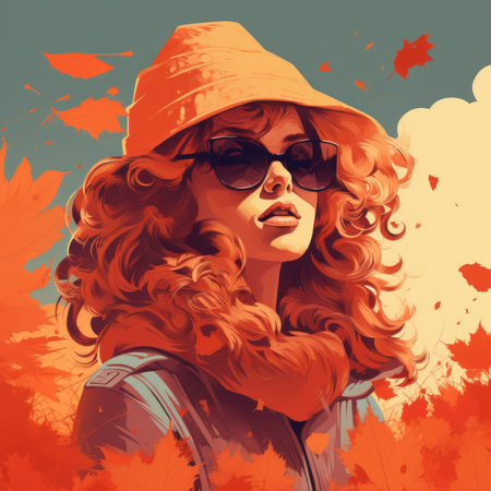 a painting of a woman wearing a hat and sunglassesの素材