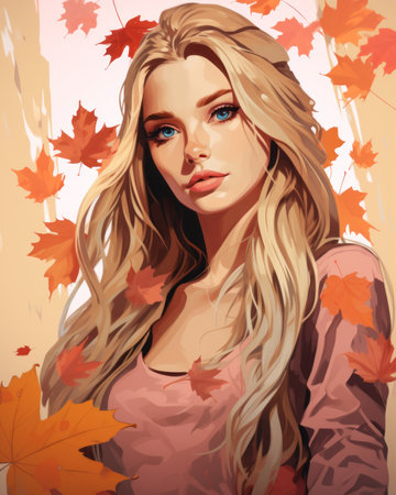 a painting of a beautiful blonde woman with autumn leavesの素材