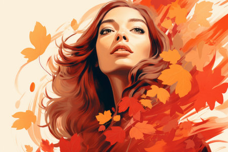 a beautiful woman with red hair is surrounded by autumn leavesの素材
