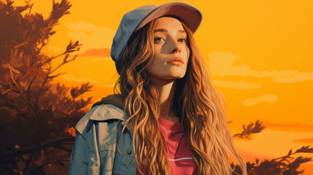 a girl with long hair and a hat is standing in front of a sunsetの素材