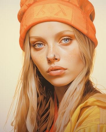 a digital painting of a young woman wearing an orange hatの素材