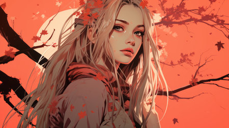 a girl with long blonde hair is standing in front of a treeの素材
