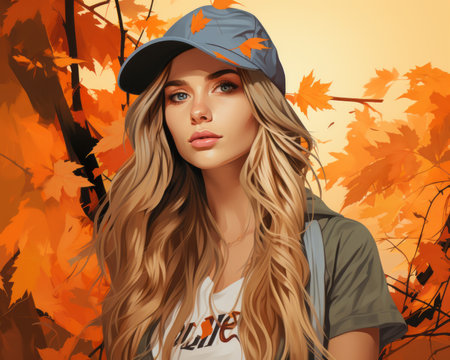 a beautiful woman in a baseball cap and jacket is standing in front of autumn leavesの素材