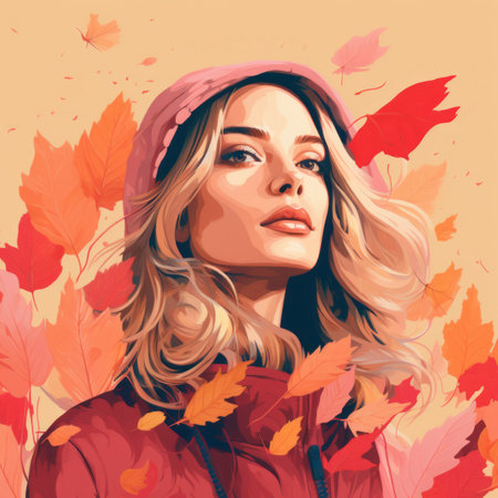 a painting of a woman with autumn leaves in her hairの素材