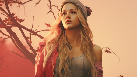 a beautiful young woman with long hair and a beanie is standing in front of a treeの素材