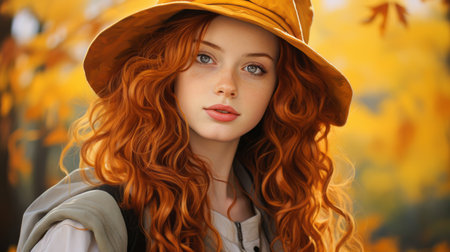 a girl with long red hair wearing a hat in the fallの素材