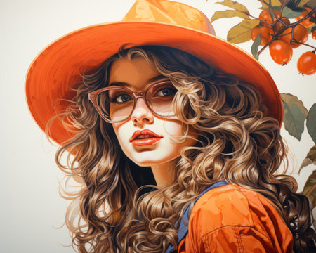 a painting of a woman wearing an orange hat and glassesの素材