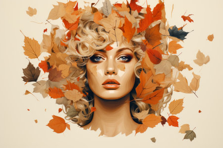 a beautiful woman with autumn leaves on her headの素材