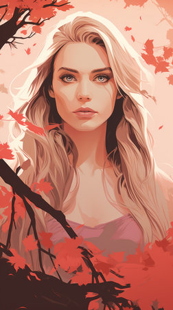 a beautiful woman with long blonde hair and red leaves in the backgroundの素材