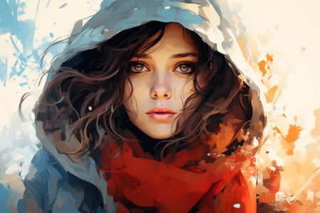 a painting of a woman in a hoodieの素材