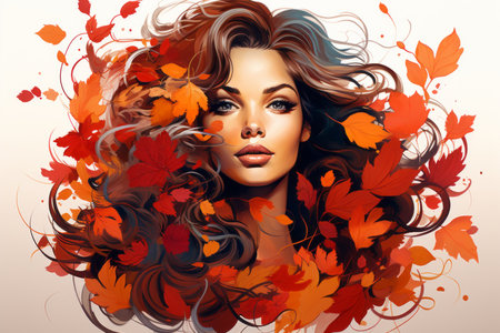 a beautiful woman with autumn leaves in her hairの素材