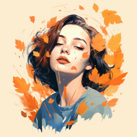 a painting of a woman with autumn leaves on her headの素材