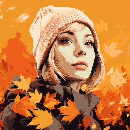 a painting of a woman in a beanie and jacket surrounded by autumn leavesの素材