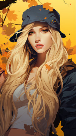 a girl with long blonde hair and a hat in the fallの素材