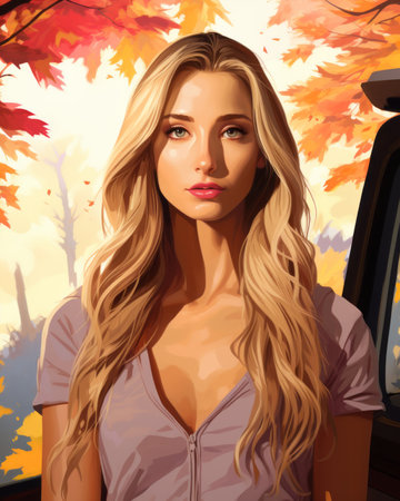 a painting of a beautiful blonde woman in front of a carの素材